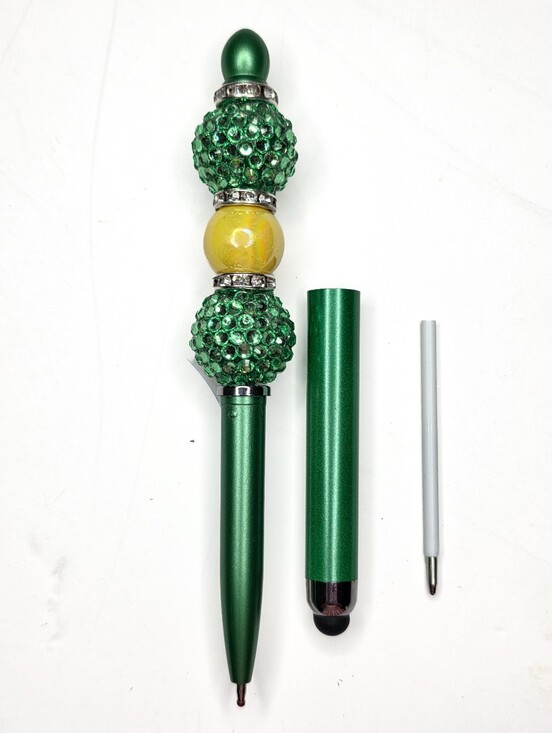 Hand Crafted Accessories - Handmade Rhinestone Embellished Metallic Green Stylus Pen With Extra Ink Refill